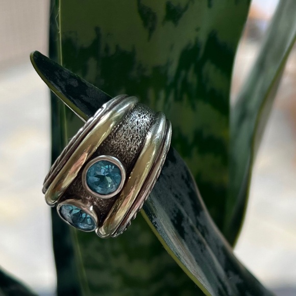 DAVID YURMAN Sterling Silver 14K Yellow Gold Blue Topaz Renaissance Ring Size 7 - Picture 9 of 10